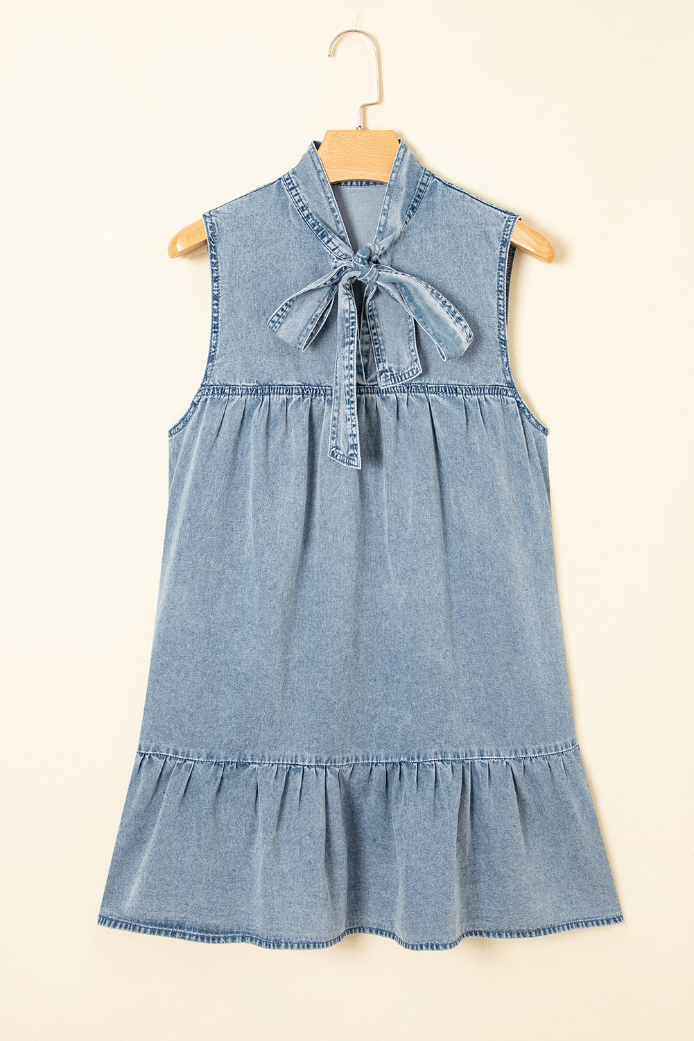 Bowknot Neck Sleeveless Ruffled Chambray Dress