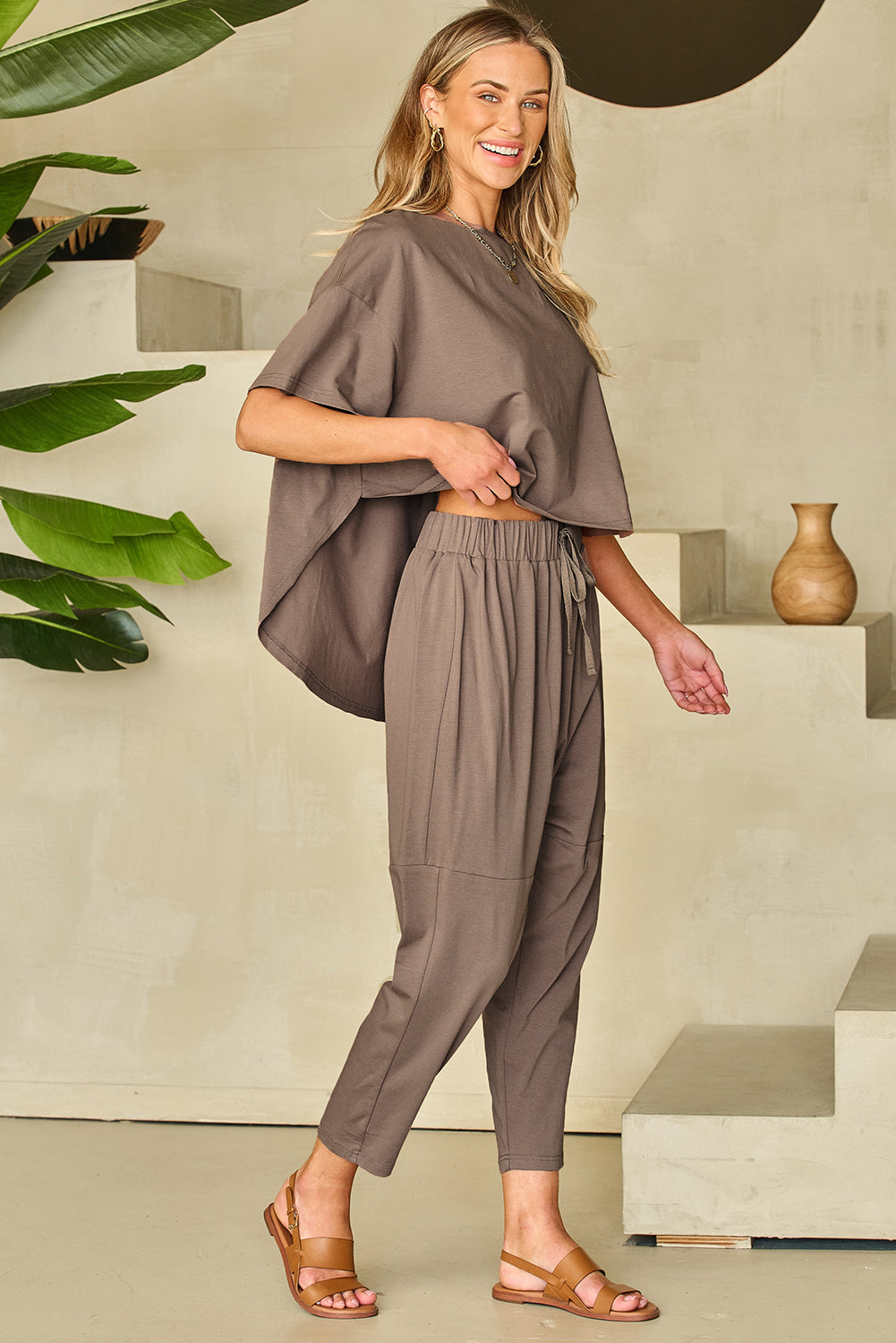 High Low Boxy Fit Tee and Crop Pants Set