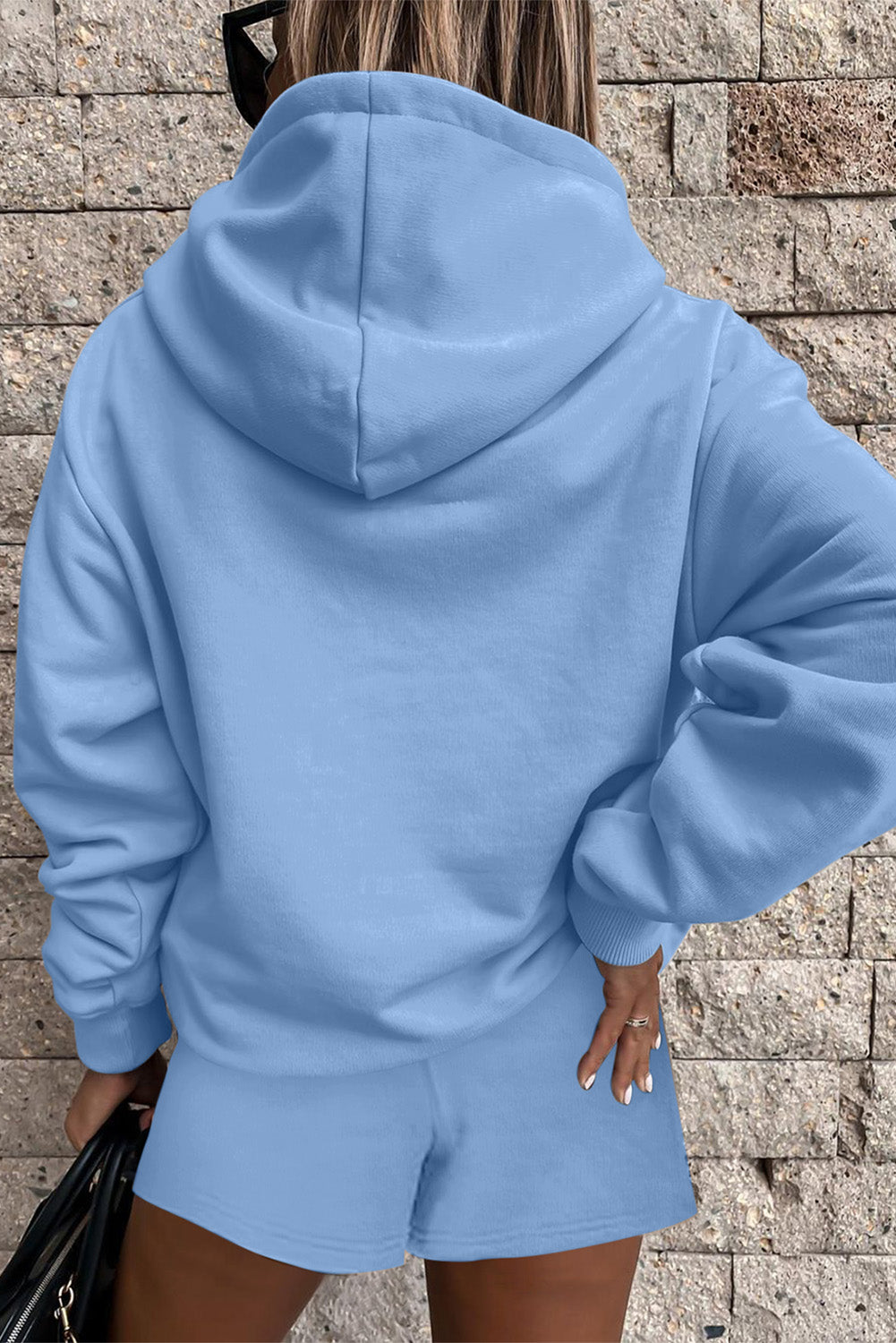 Button Drawstring Hooded Pullover and Casual Short Set
