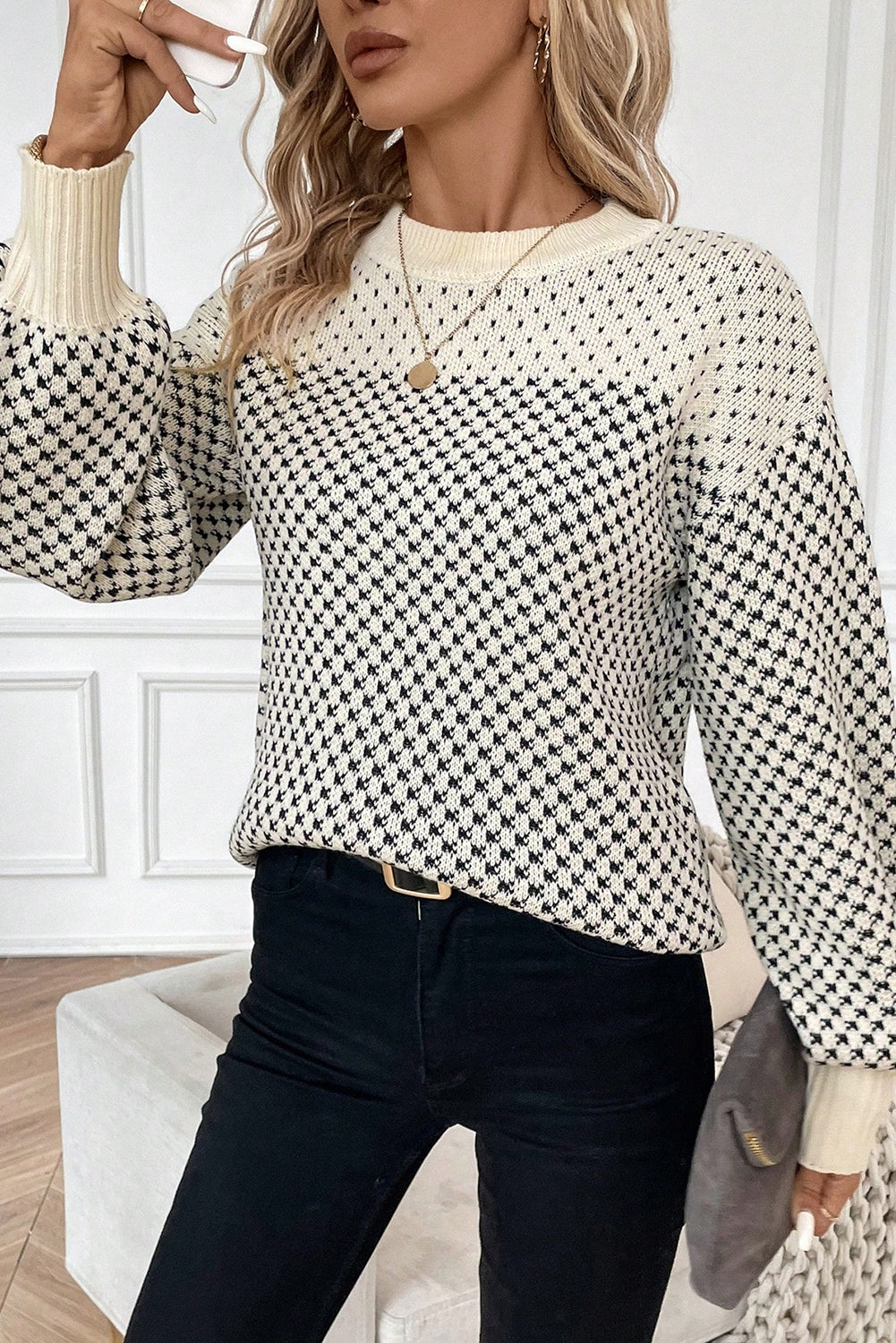Contrast Color Pattern Lantern Sleeve Sweater