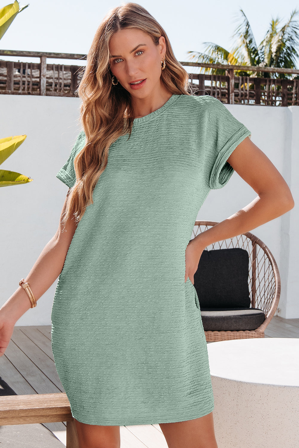 Solid Color Textured Crinkle Short Sleeve T Shirt Dress