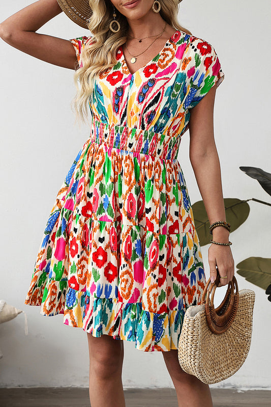 Abstract Print V Neck Dolman Sleeve Ruffle Tiered Mini Dress