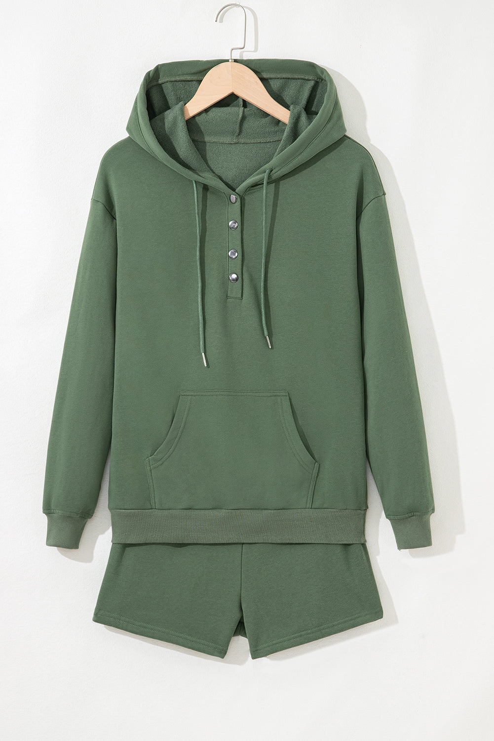 Button Drawstring Hooded Pullover and Casual Short Set
