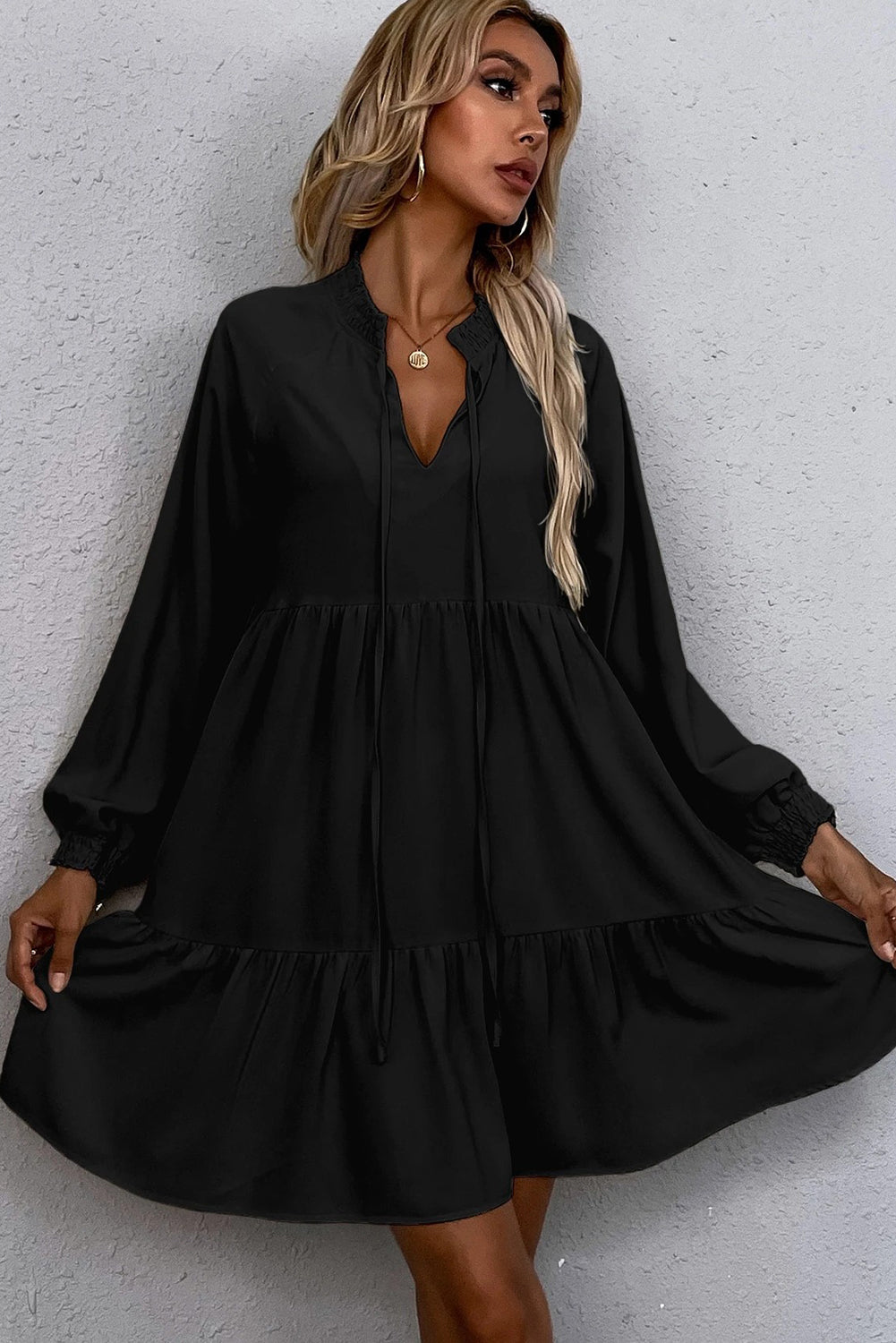Tie Split Neck Smocked Detail Long Puff Sleeve Ruffle Hem Loose Dress