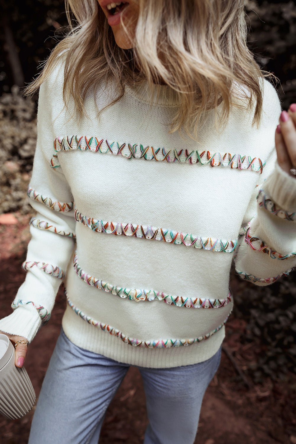 Colorful Crossed Stitch Drop Shoulder Sweater