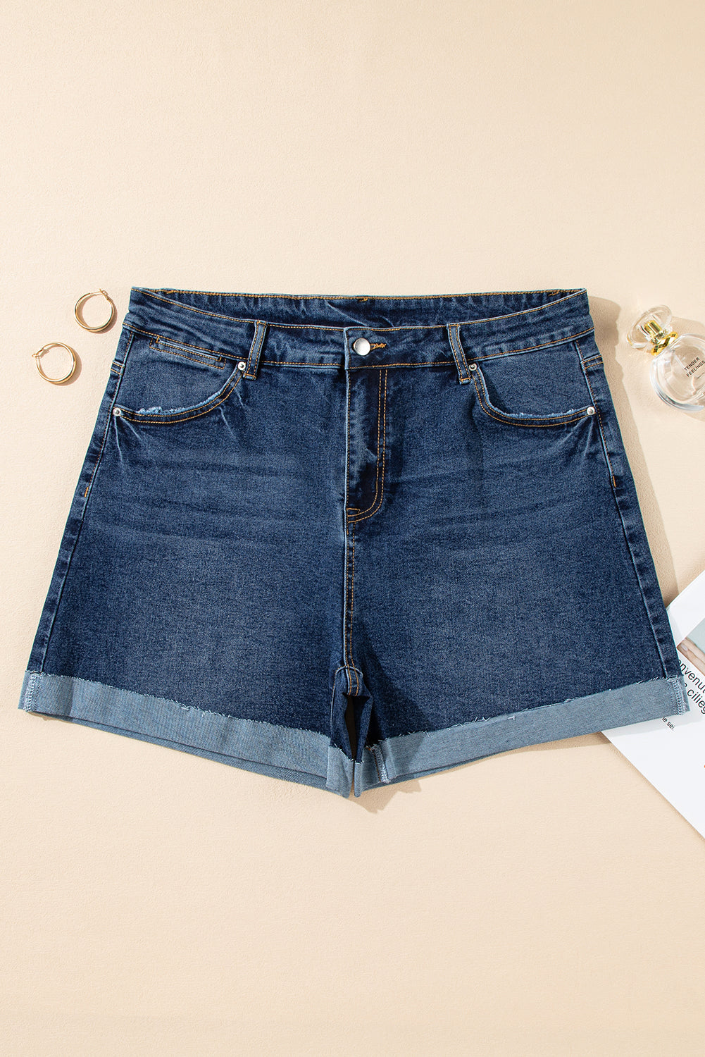 Folded Edge High Waist Plus Size Denim Shorts