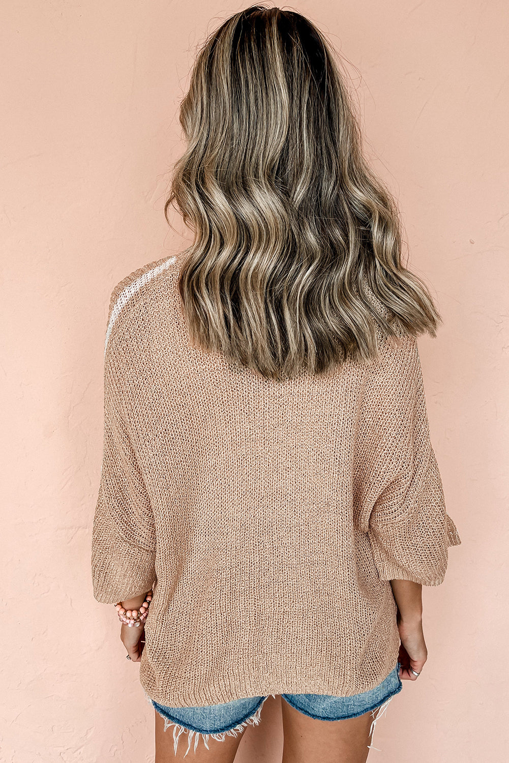 Light French Beige Contrast Striped 3/4 Sleeve Crew Neck Sweater