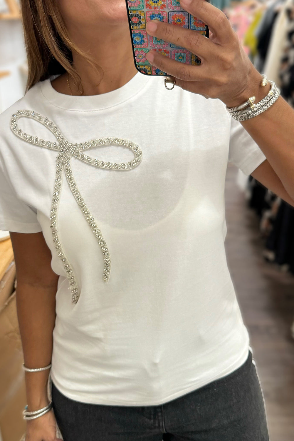 Rhinestone Bow Embellished Round Neck Tee