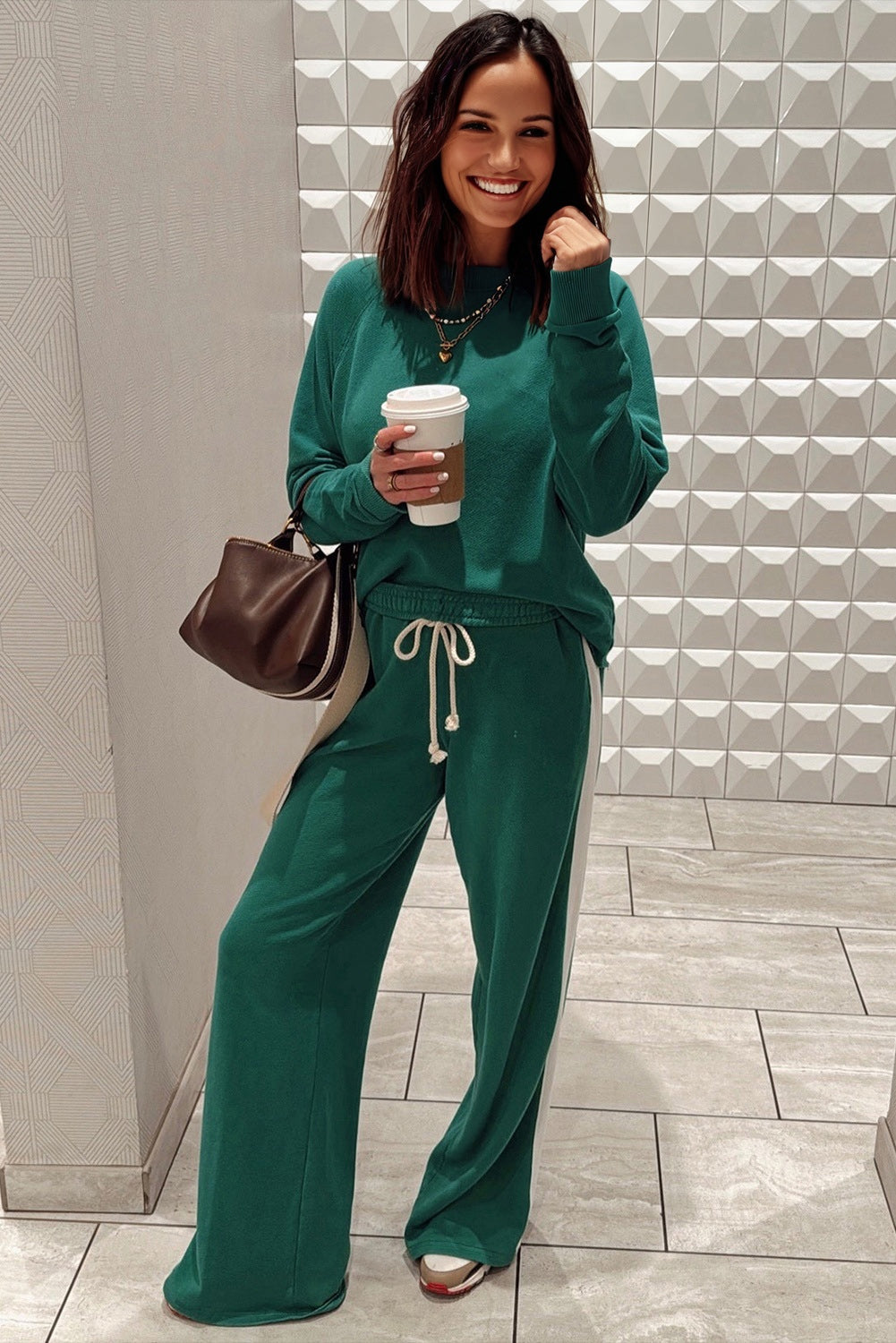 Solid Color Pullover Top Varsity Stripe Detail Loose Drawstring Pants Set