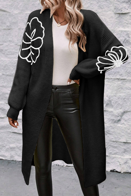 Flower Embroidered Drop Shoulder Open Front Duster Cardigan