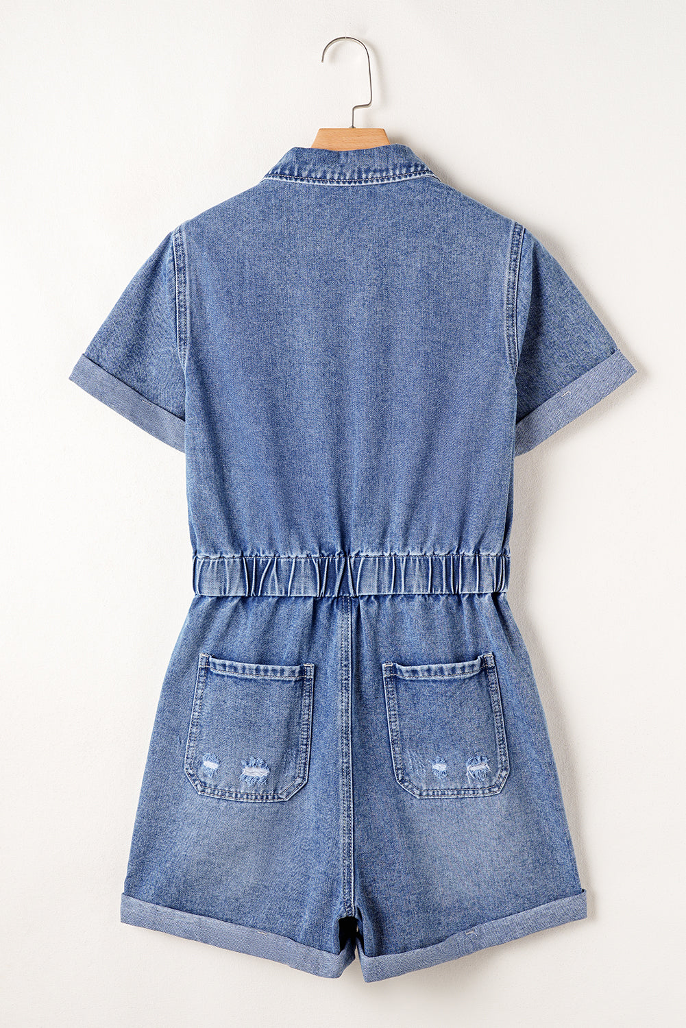 Chest Pocket Front Buttoned Folded Edge Denim Short Sleeve Romper