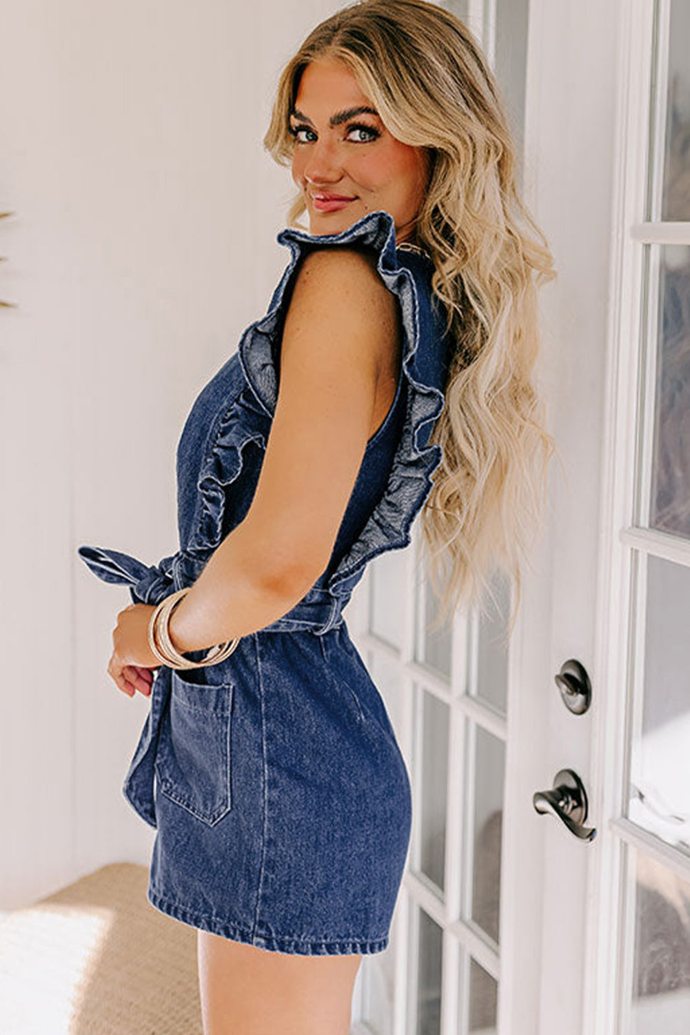 Denim Ruffled Zipped Front Belted Romper