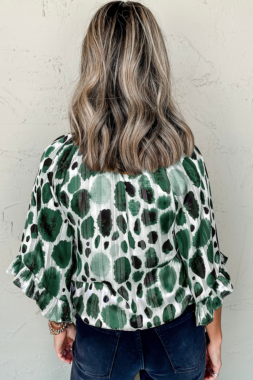 Metallic Threading Accents Pleated Abstract Printed Ruffled 3/4 Sleeve Blouse