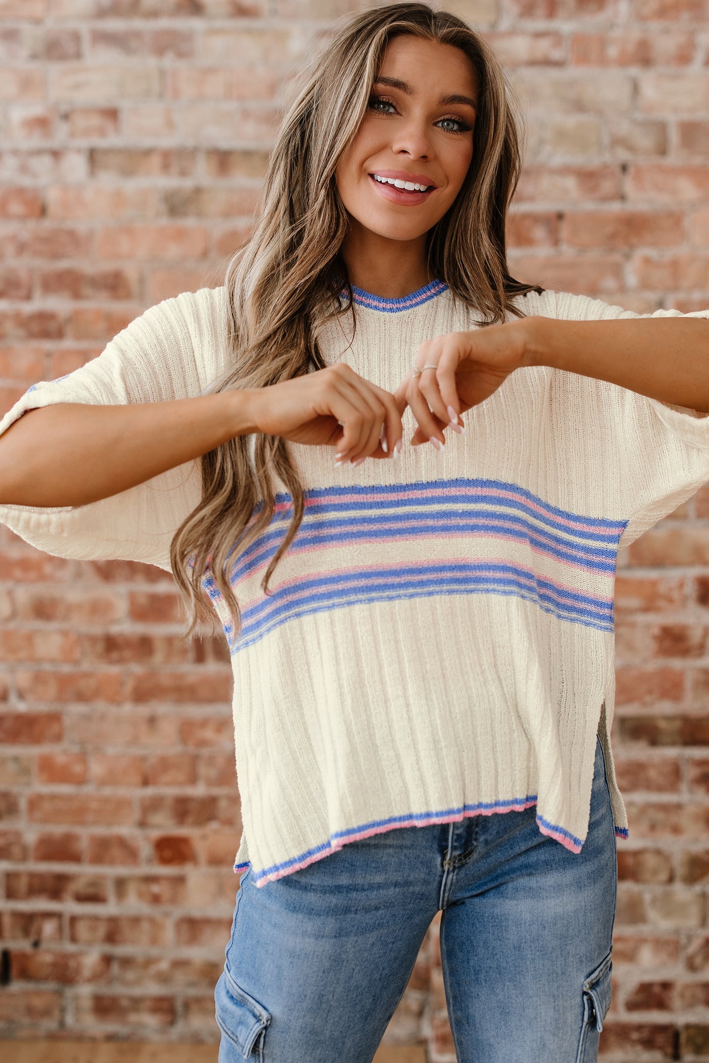 Striped V Neck Dolman Sleeve Rib Knit Oversized Sweater with Slits