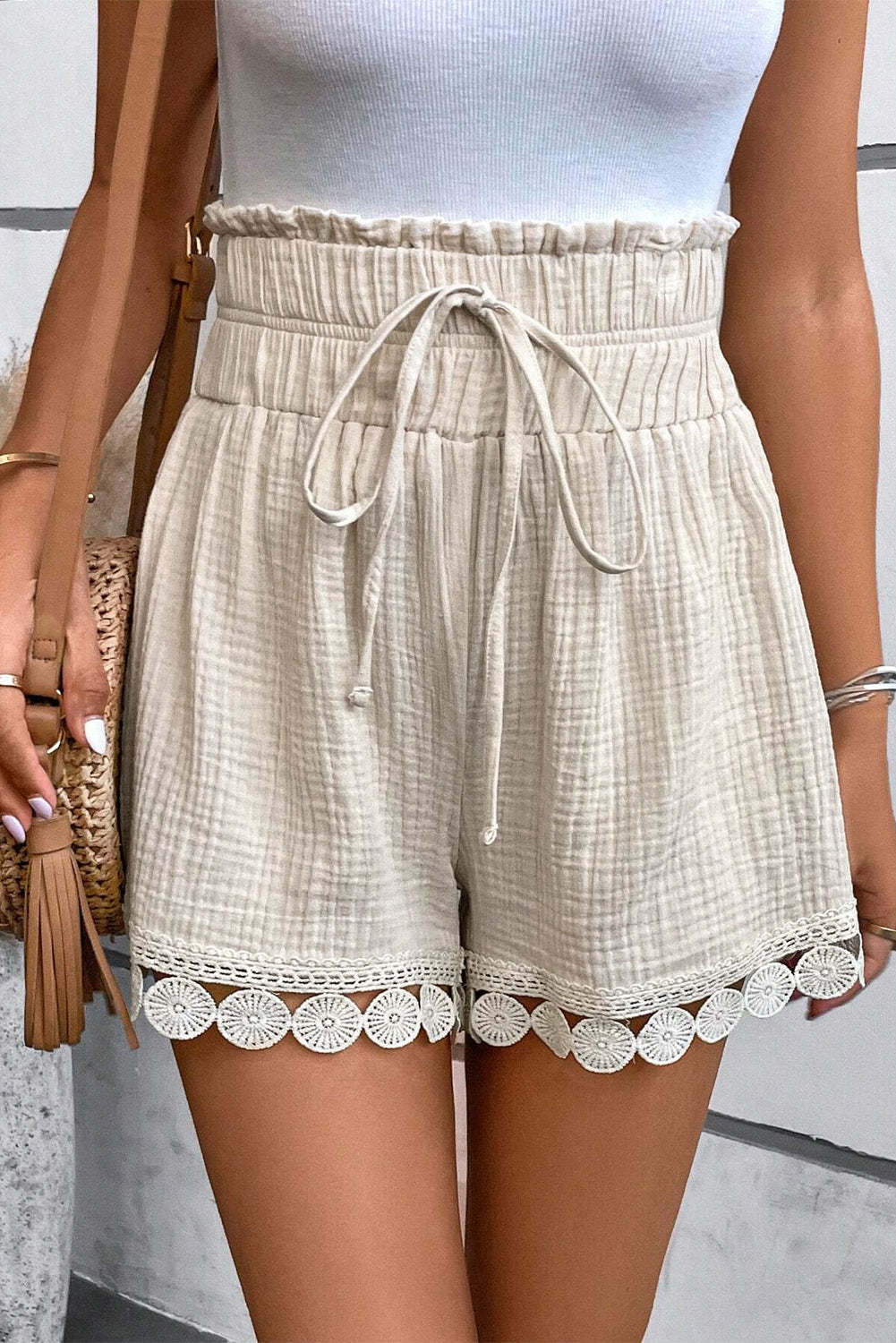 Textured Frilled Knotted High Waist Lace Hem Shorts