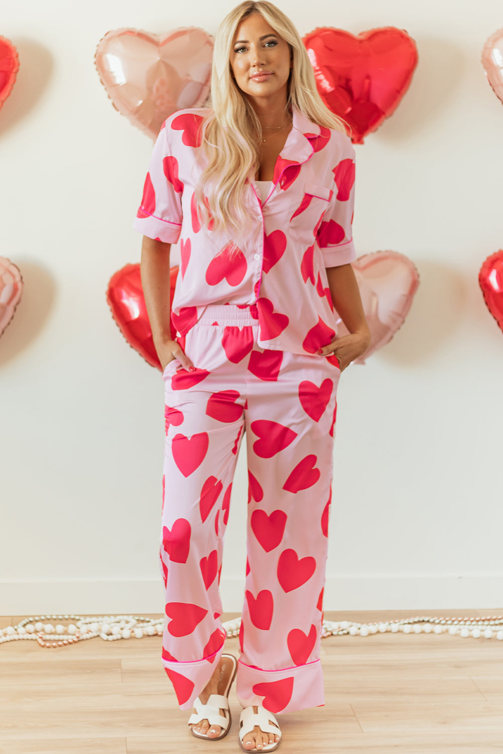 Classic Heart Valentines Short Sleeve Pants Pajamas Set