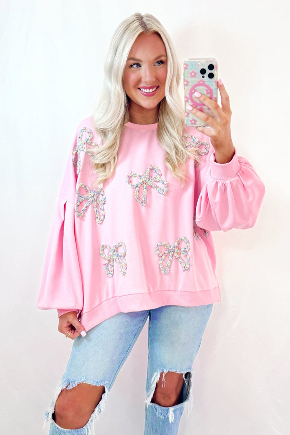 Embroidered Bow Lantern Sleeve Oversized Pullover Sweatshirt