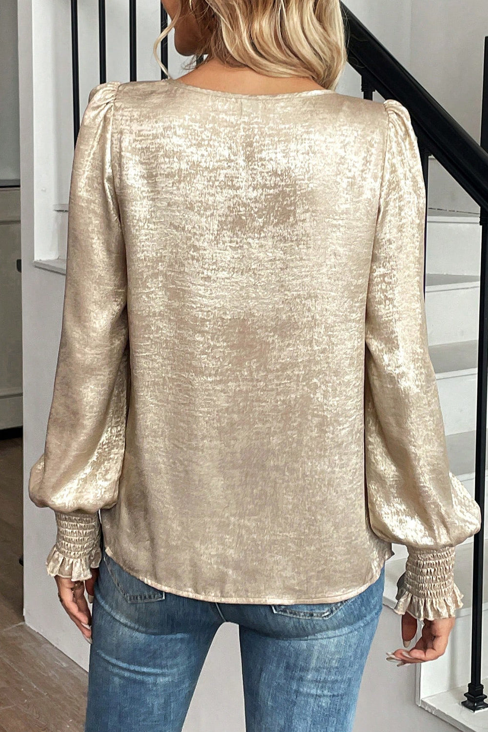 Metallic Round Neck Smocked Long Sleeve Blouse