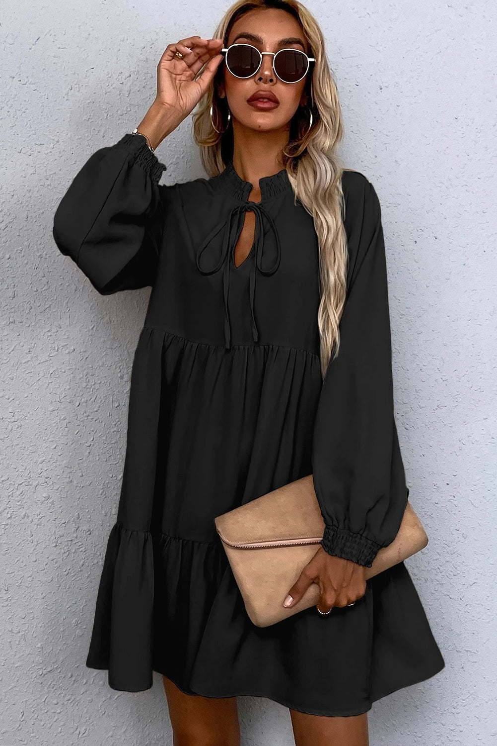 Tie Split Neck Smocked Detail Long Puff Sleeve Ruffle Hem Loose Dress