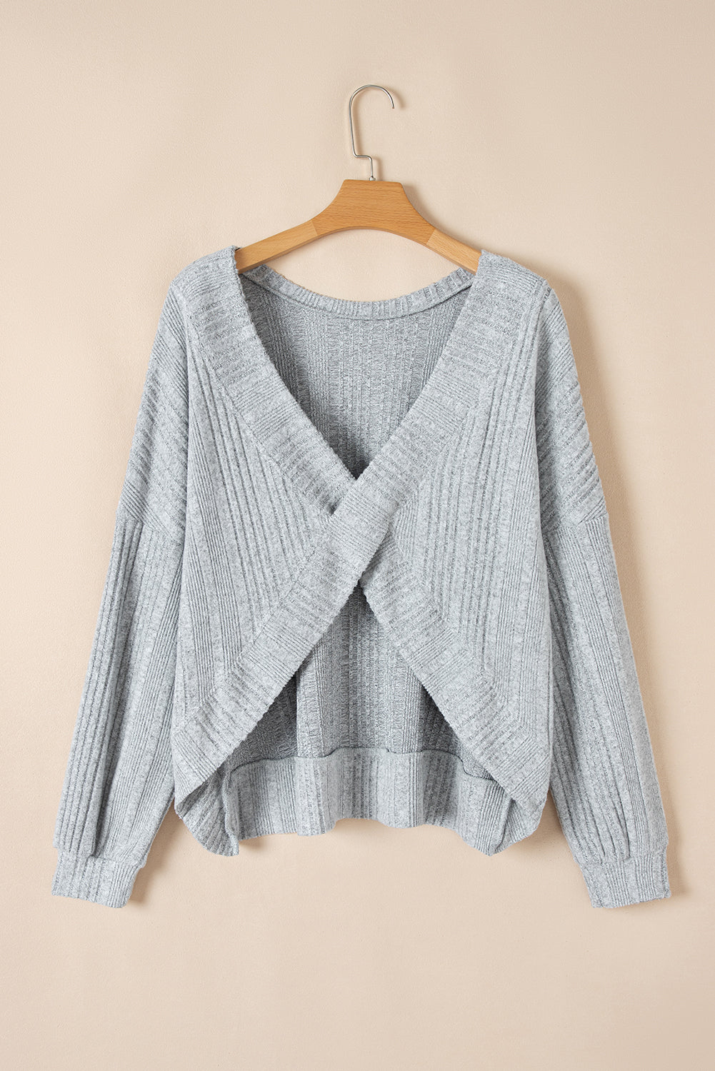 Textured Crossover Backless Knit Long Sleeve Top