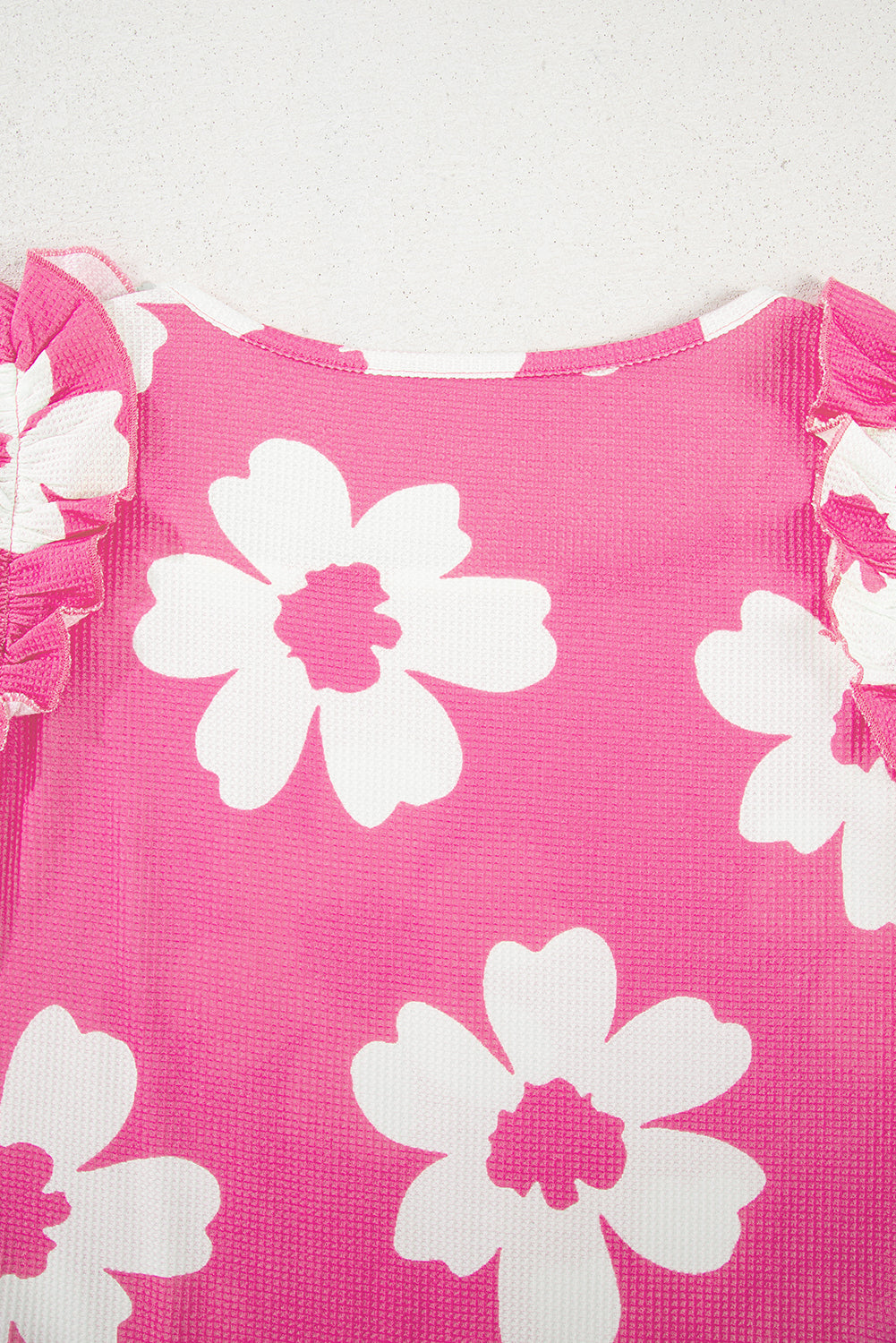 Floral Textured Ruffled Short Sleeve Square Neck Blouse