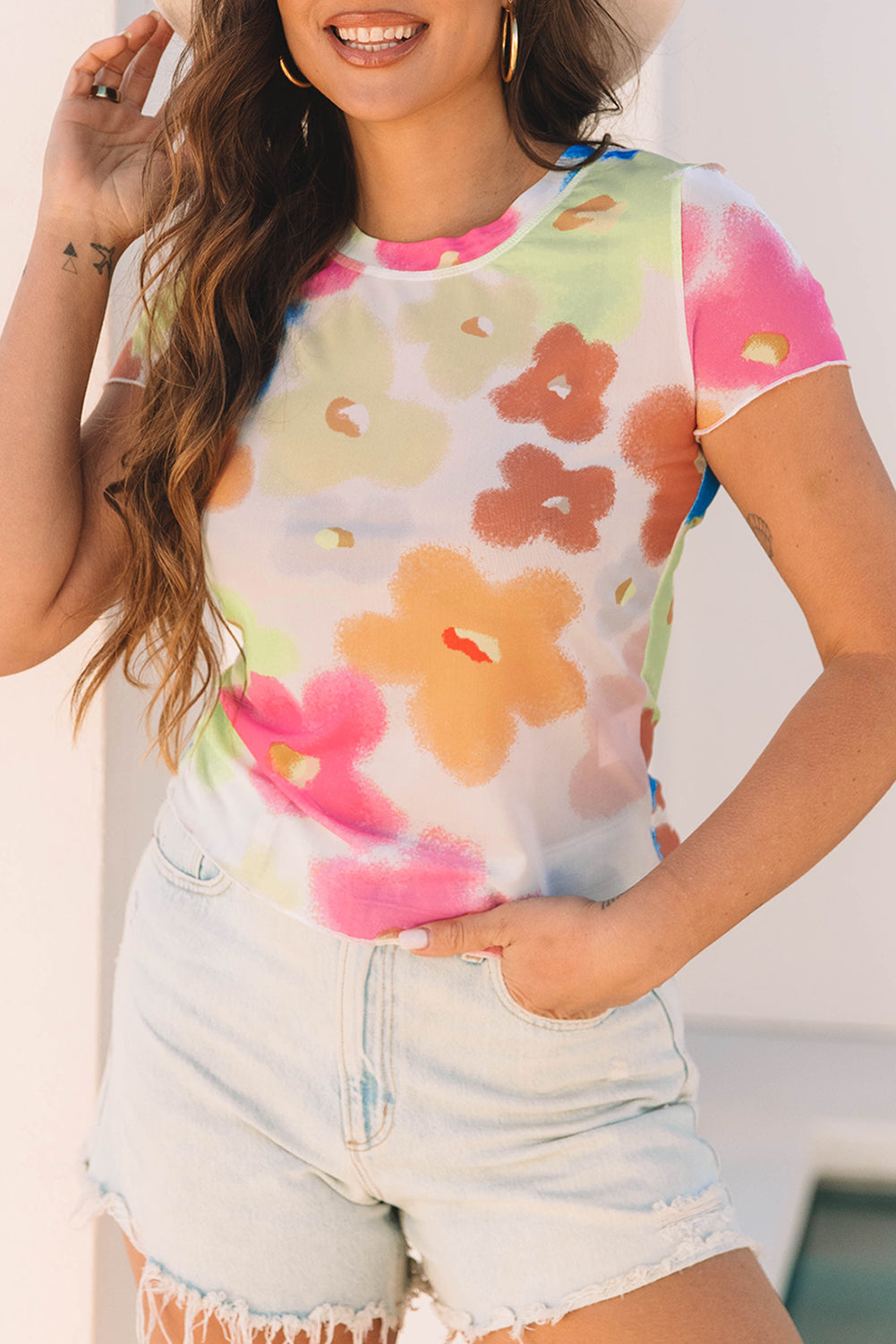 Floral Mesh Lettuce Trim Cropped T Shirt