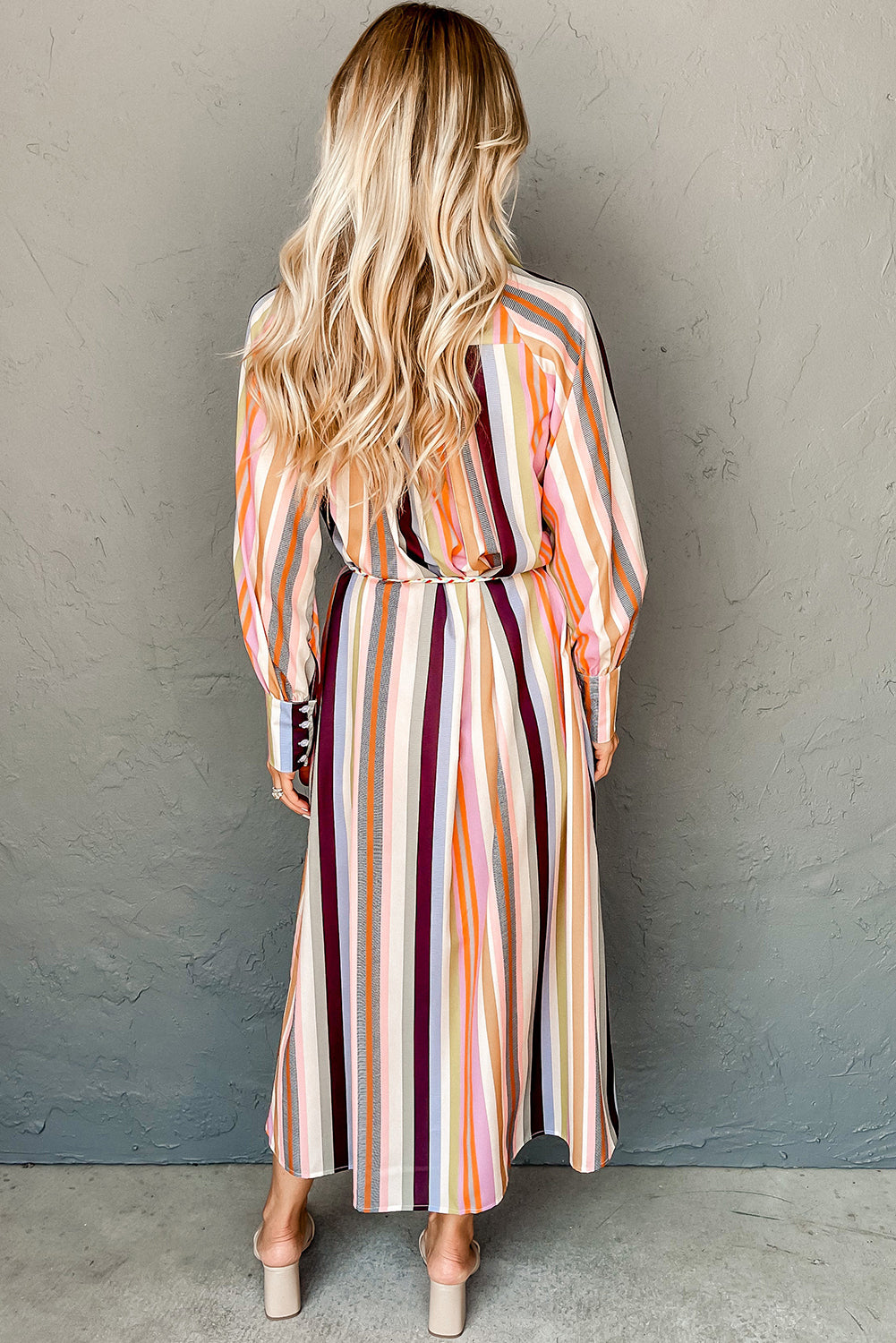 Multicolor Striped Cuffed Sleeve Tassel Tied Shirt Maxi Dress