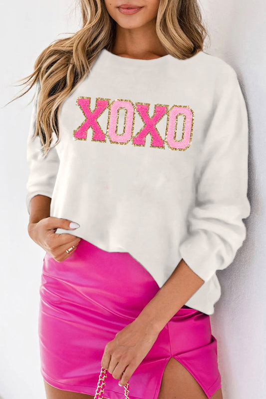 XOXO Glitter Print Round Neck Casual Sweater