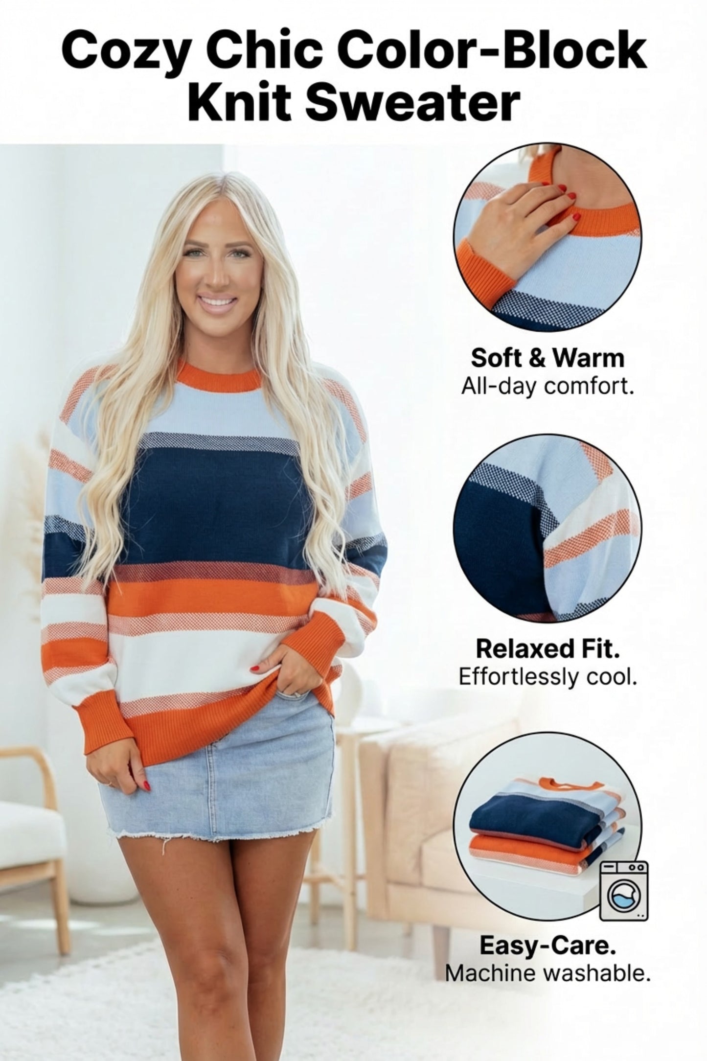 Color Block Round Neck Tunic Sweater