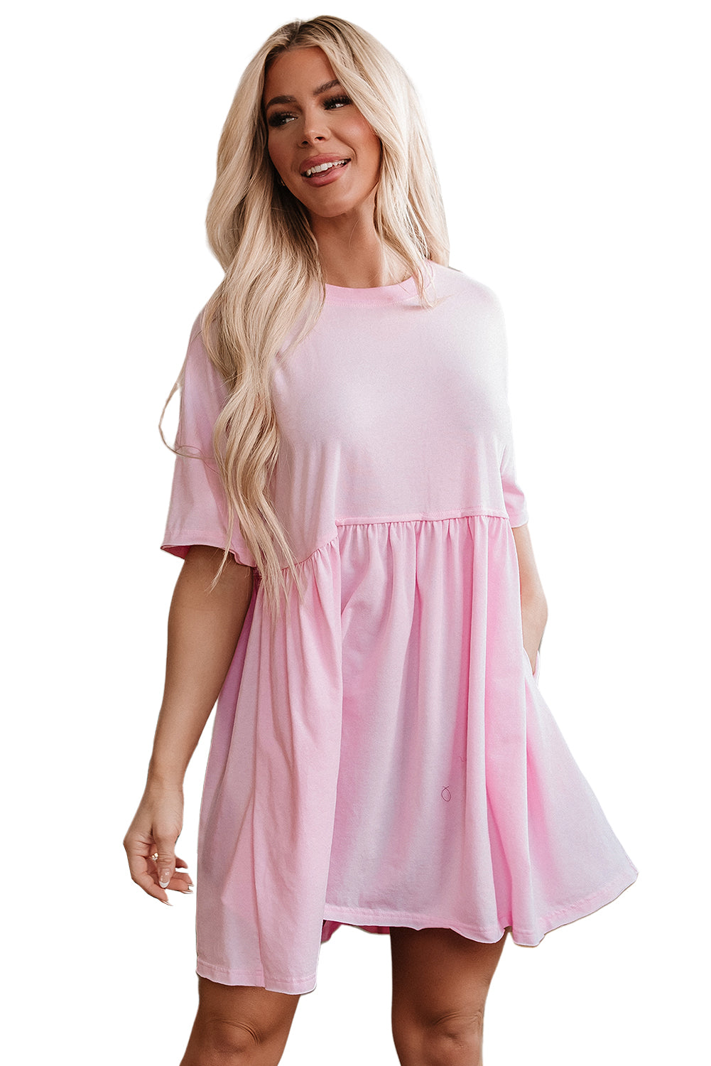 Solid Color Pocketed Raw Edge Babydoll Dress