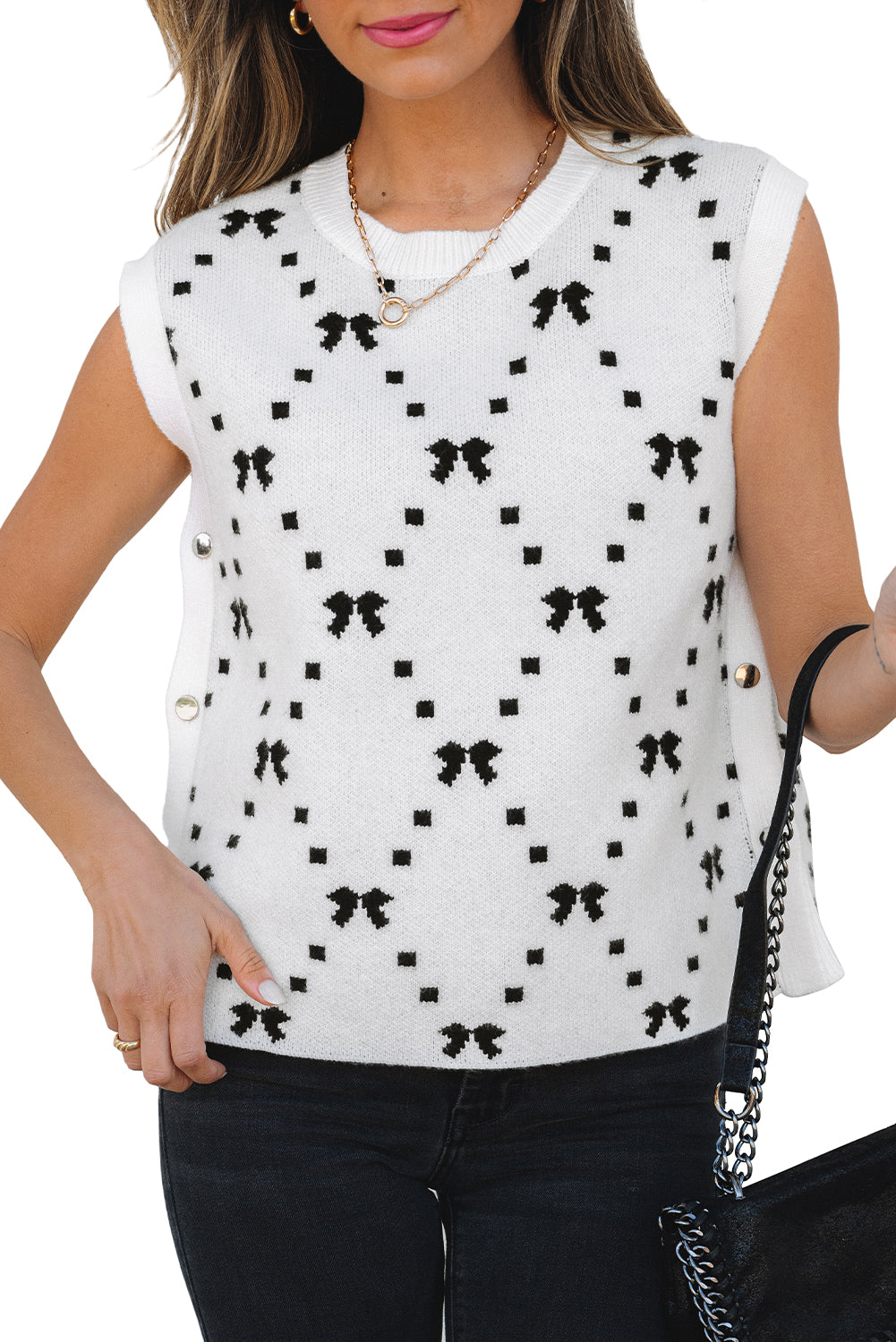 Bow Pattern Buttoned Side Cropped Sweater Vest