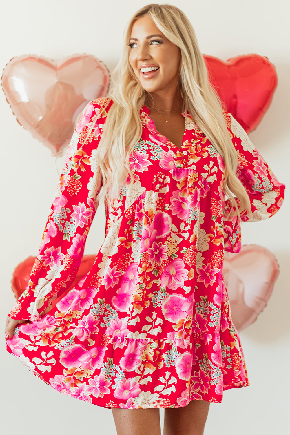 Floral Print High Waist V Neck Babydoll Mini Dress