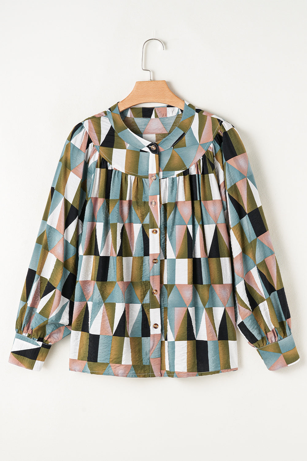 Geometric Print Buttoned Balloon Sleeve Loose Fit Shirt