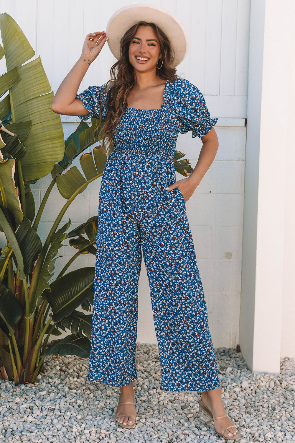 Vintage Boho Floral Smocked Short Puff Sleeve Wide Leg Jumpsuit