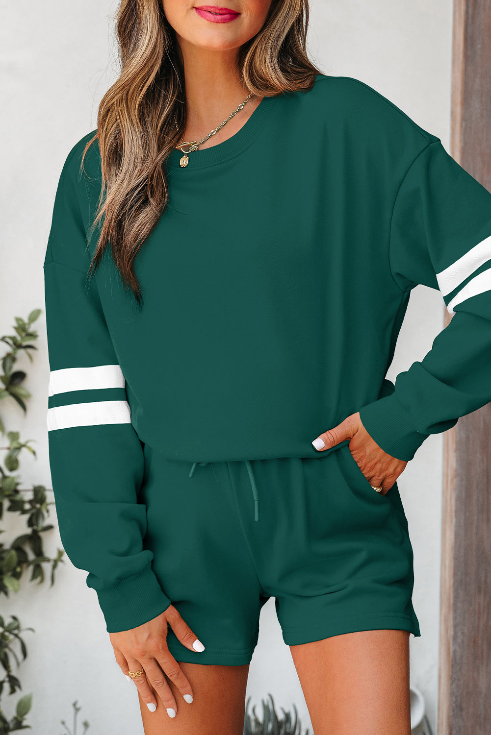 Varsity Striped Sleeve Drop Shoulder Sweatshirt and Short Set