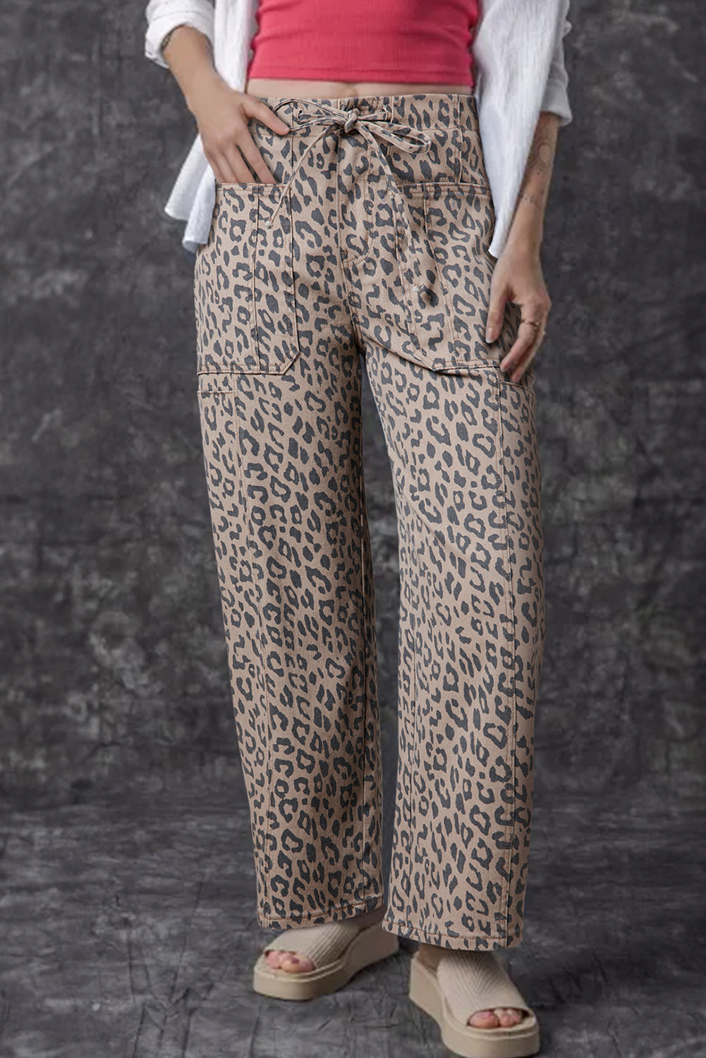 Leopard Printed Drawstring Waist Pocketed Wide Leg Trousers