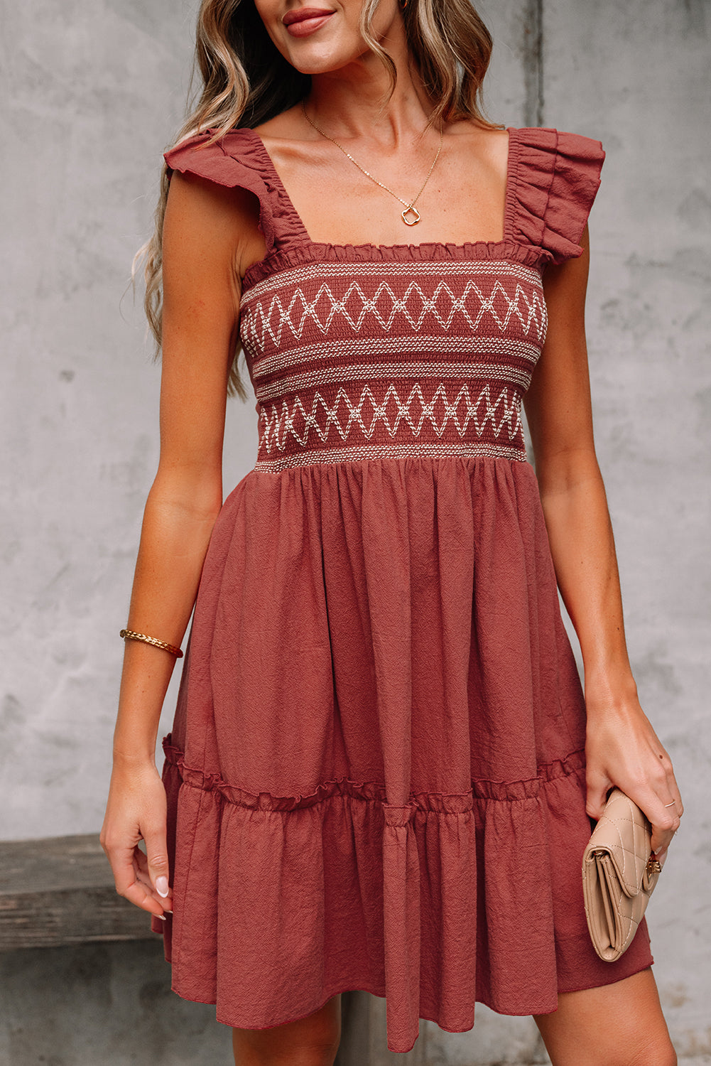Geometric Stitch Shirred Bodice Ruffled Trim Sleeveless Mini Dress