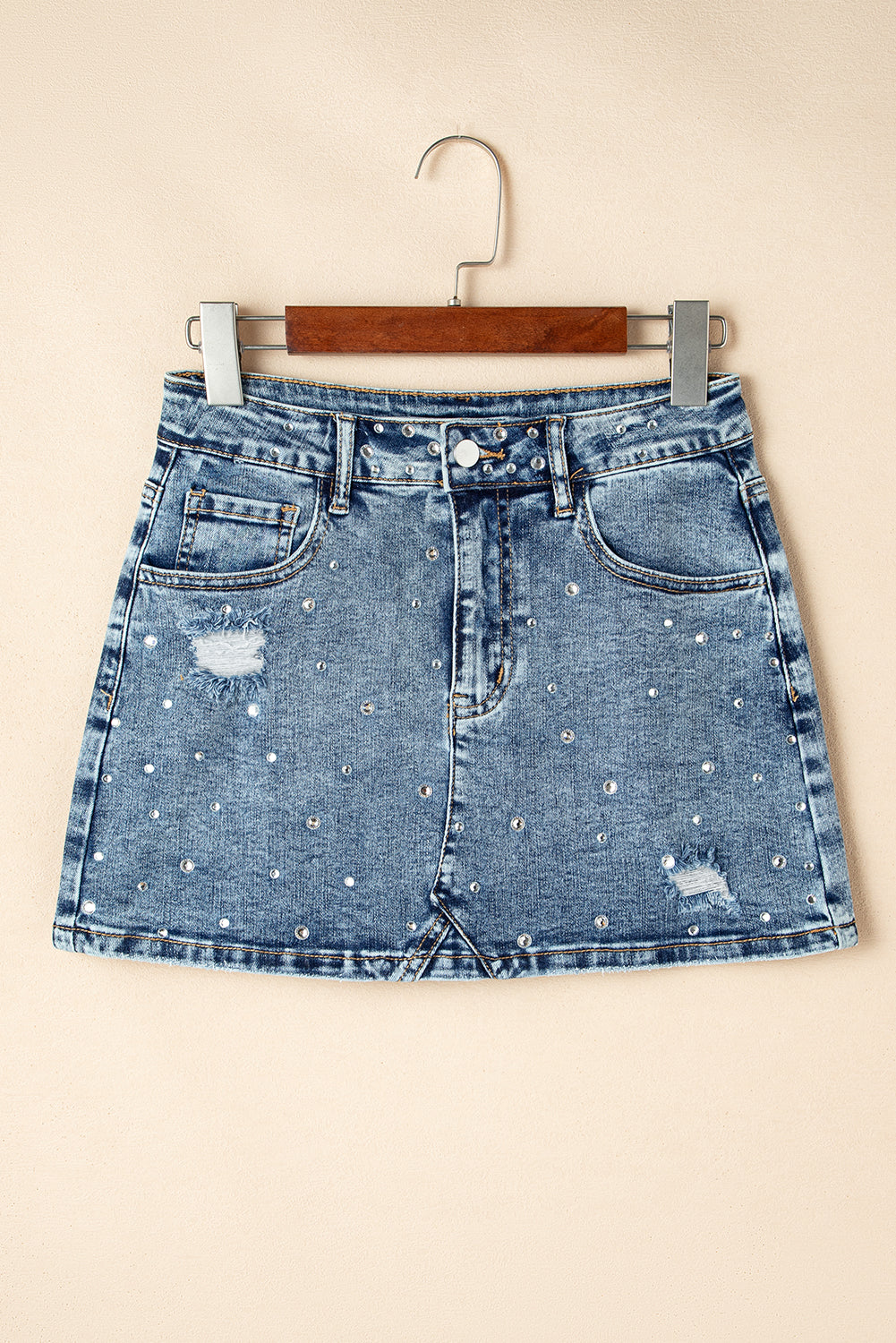 Rhinestone Distressed Denim High Waist Mini Skirt