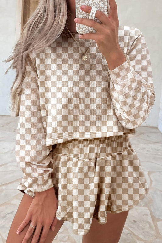 Checkered Long Sleeve Crop Top High Waist Skort 2pcs Set