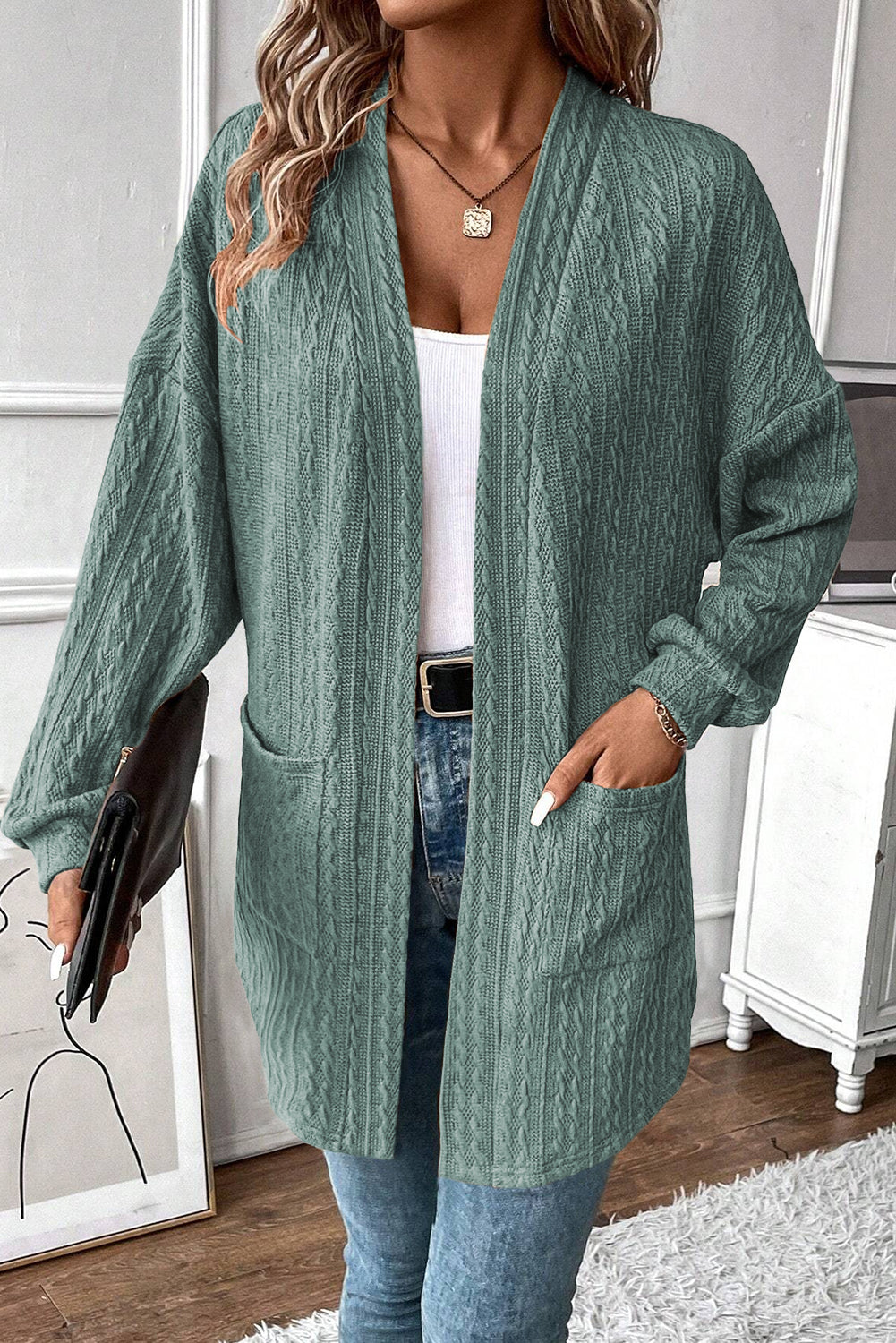 Textured Knit Side Pockets Open Front Cardigan