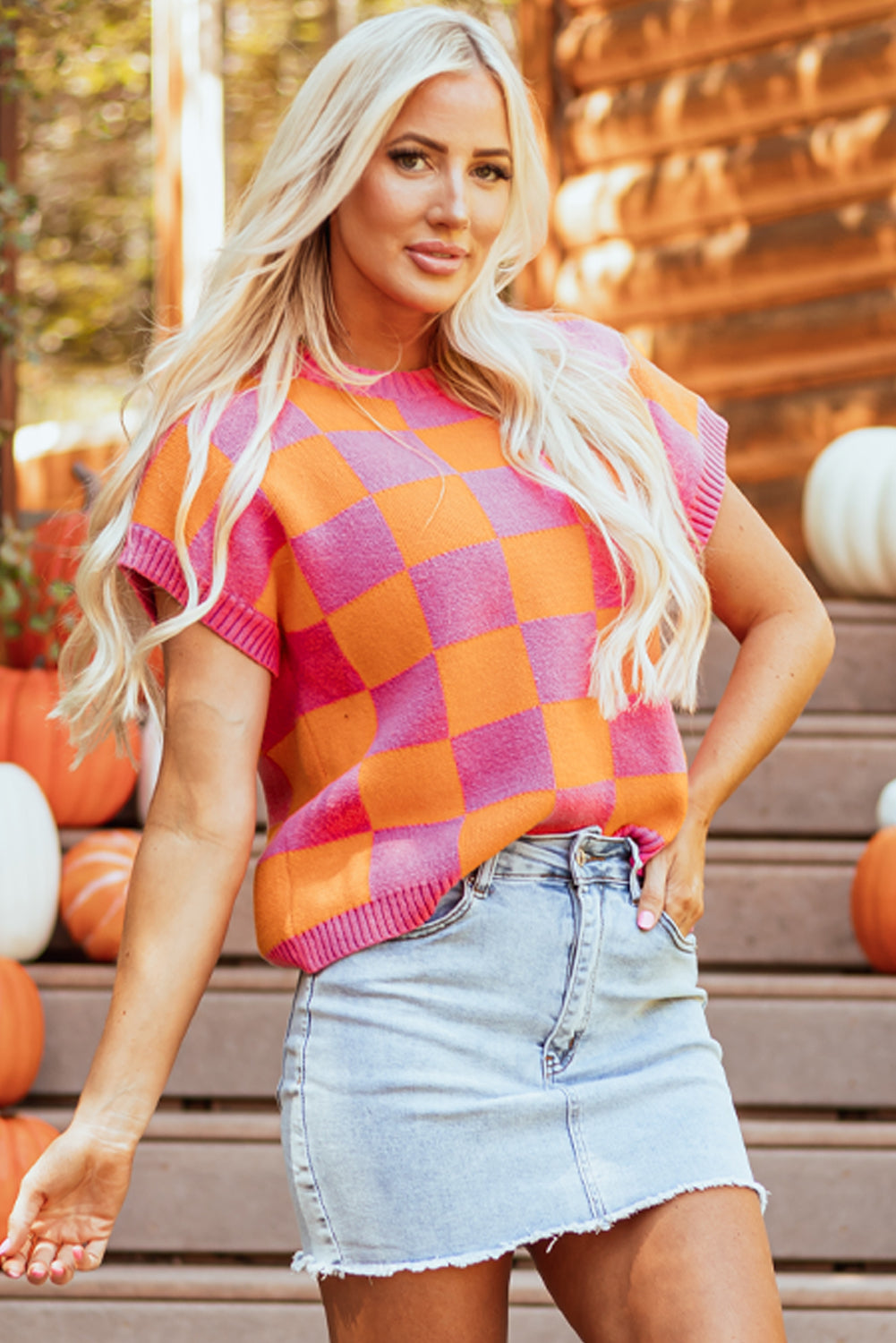 Colorblock Plaid Pattern Ribbed Trim Sweater Tank Top