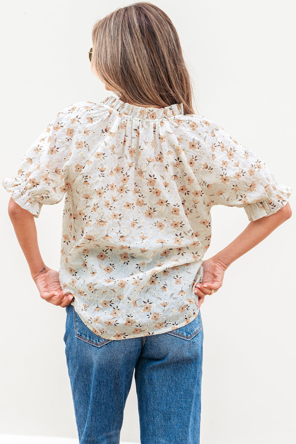 Floral Eyelet Embroidered Puff Sleeve Notch V Neck Blouse