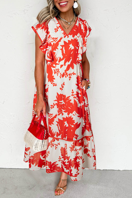 Floral Print Trimmed V Neck Ruffle Sleeve Long Dress