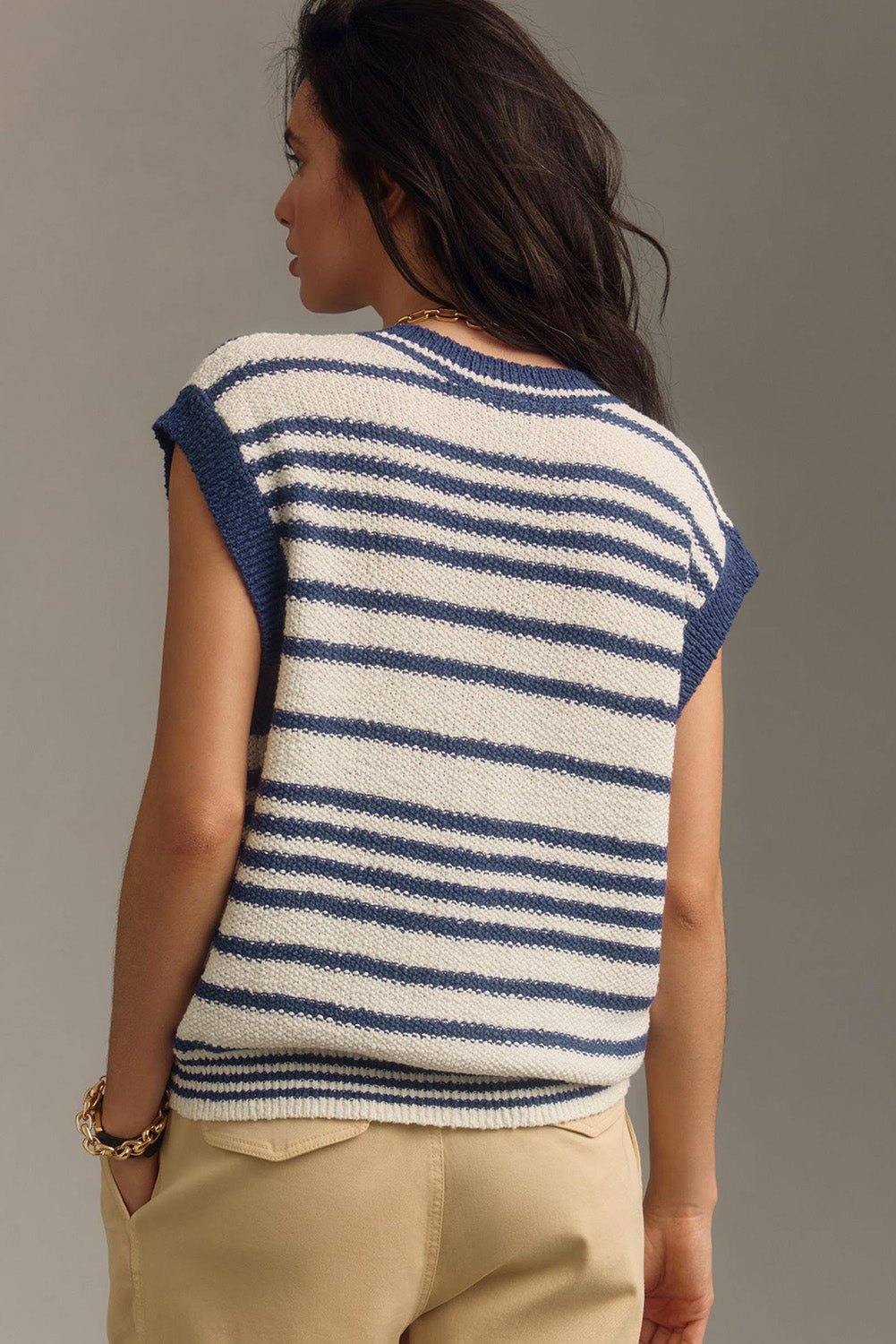 Stripe Loose Buttoned V Neck Sweater Vest