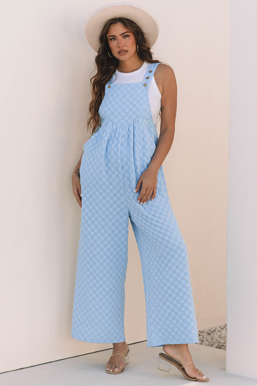 Checkered Pocketed High Waist Wide Leg Overall