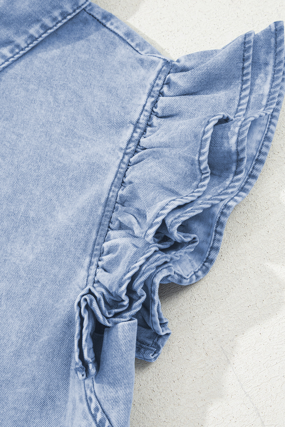 Double Ruffled Sleeves Buttoned A-line Collared Mini Denim Dress