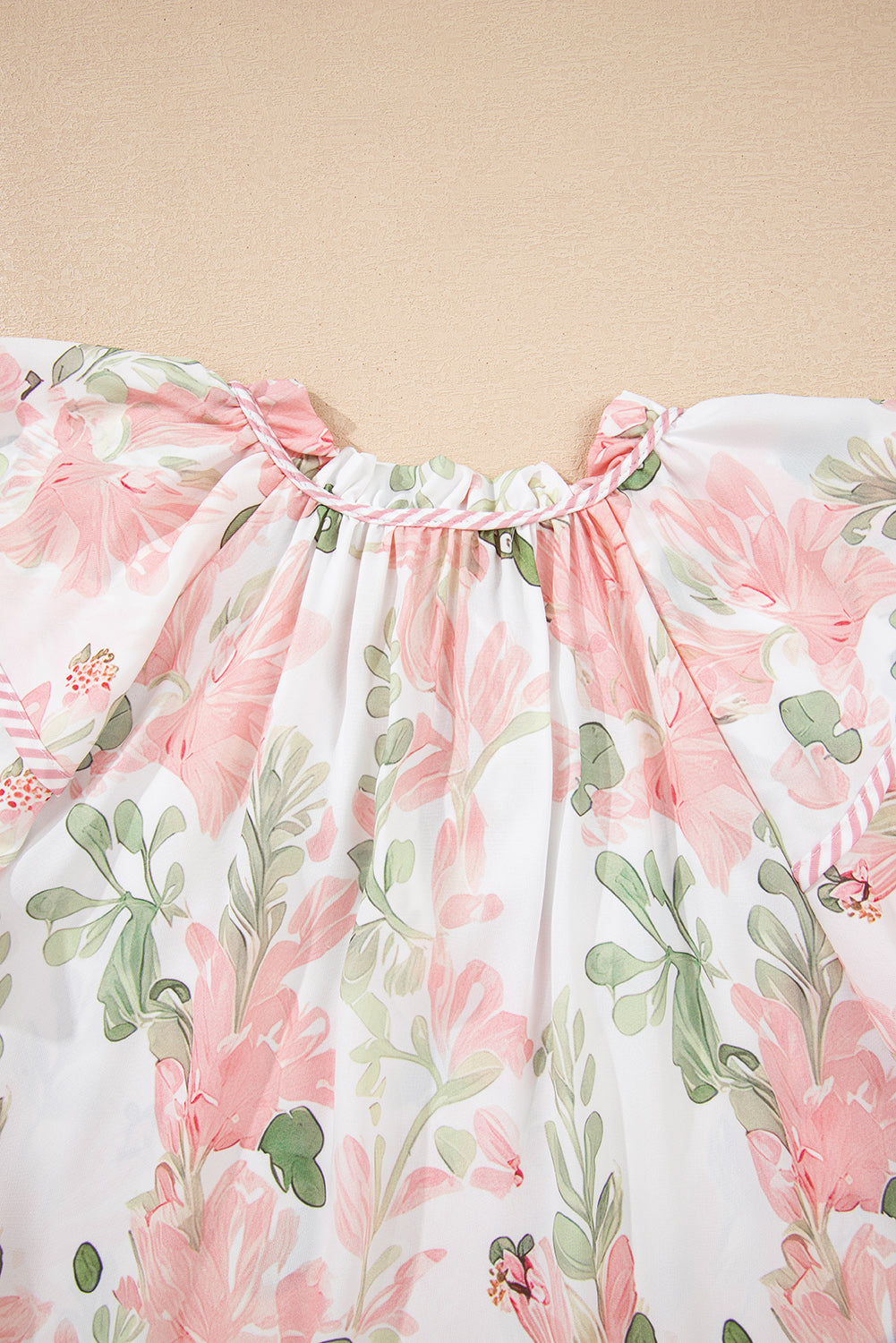 Floral Print Striped Contrast Tiered Ruffled Sleeve V Neck Blouse