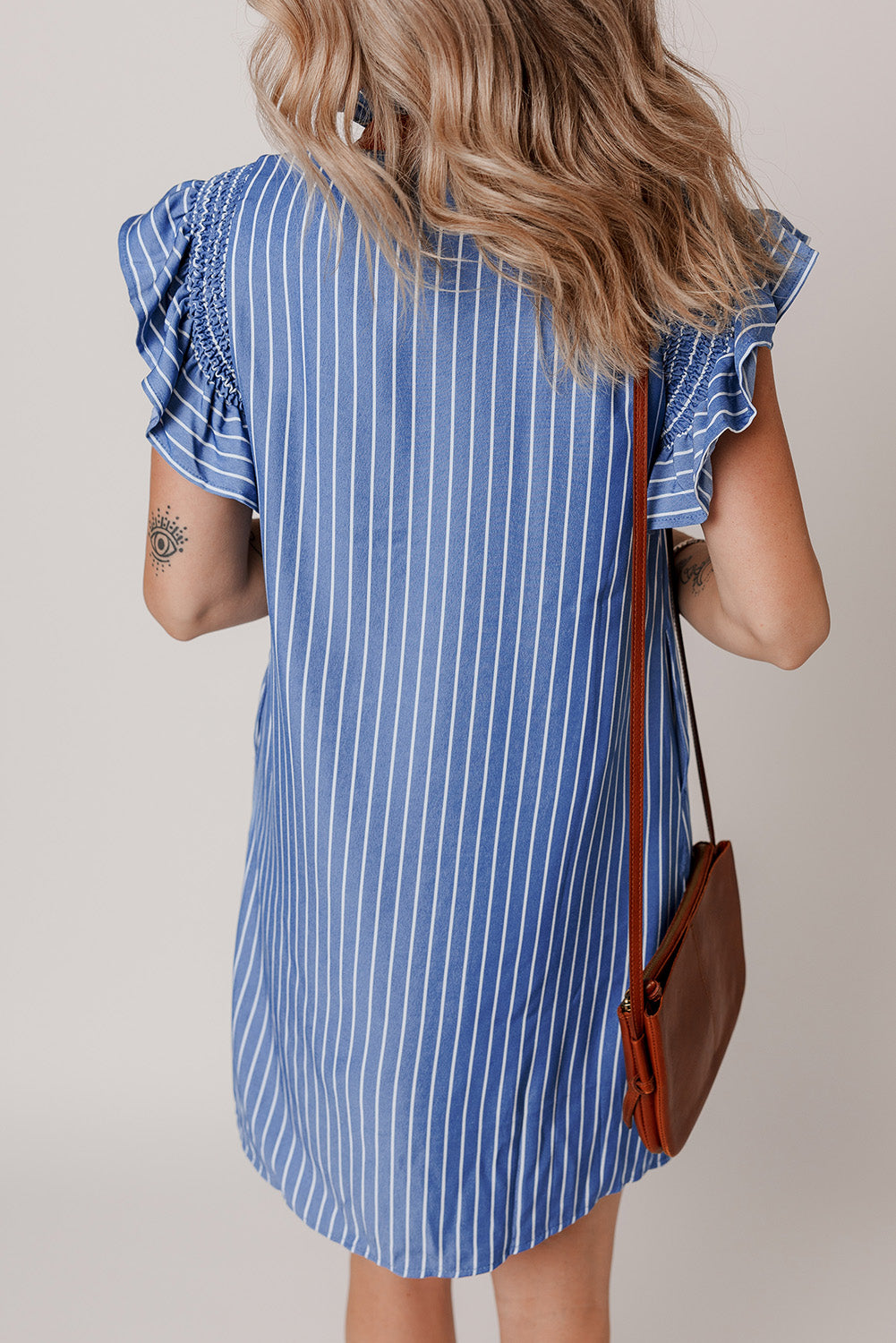 Stripe Frilly Split Neck Shirred Ruffle Sleeve Short Shift Dress