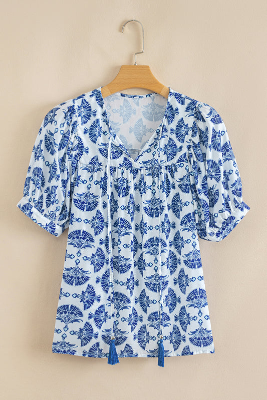 Geometric Print Tassel Drawstring V Neck Blouse