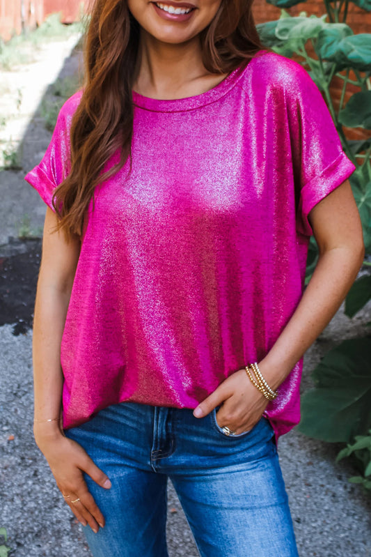 Shine Shimmer Cuffed Short Sleeve Casual Top